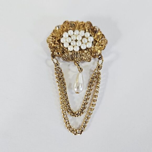 Vintage Jewelry - Vintage Victorian Revival Gold Tone Faux Pearl Teardrop Dangle Chain Brooch Pin